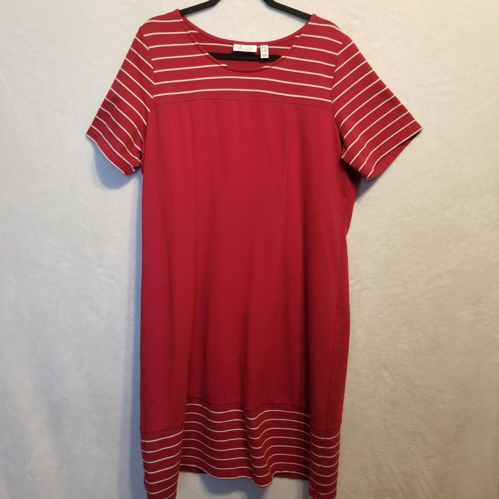 d&co 1X Dress Midi Shift Striped Red Jersey Knit Comfort Coastal Beach Nautical